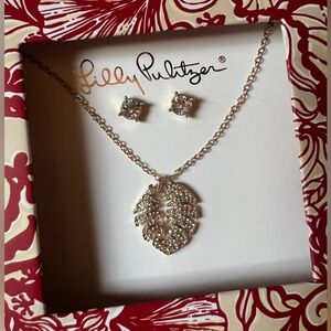 Lilly Pulitzer Necklace & Earring Gift Set Gold Leaf & Studs